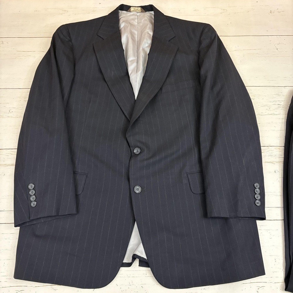 Paul Stuart Suit Mens Navy Pinstripe Wool 2 Pc Tailored In USA Lined Classic - Picture 2 of 16